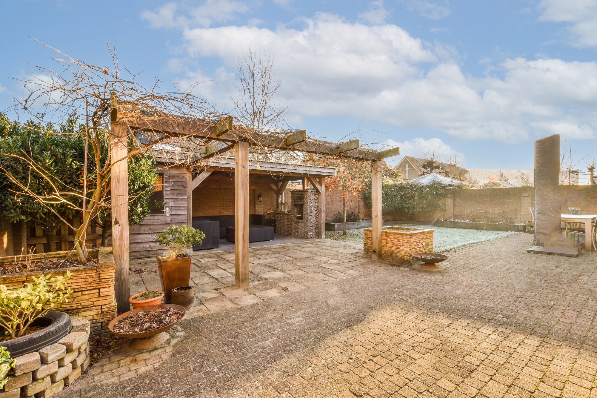a backyard with a pergola and a pool